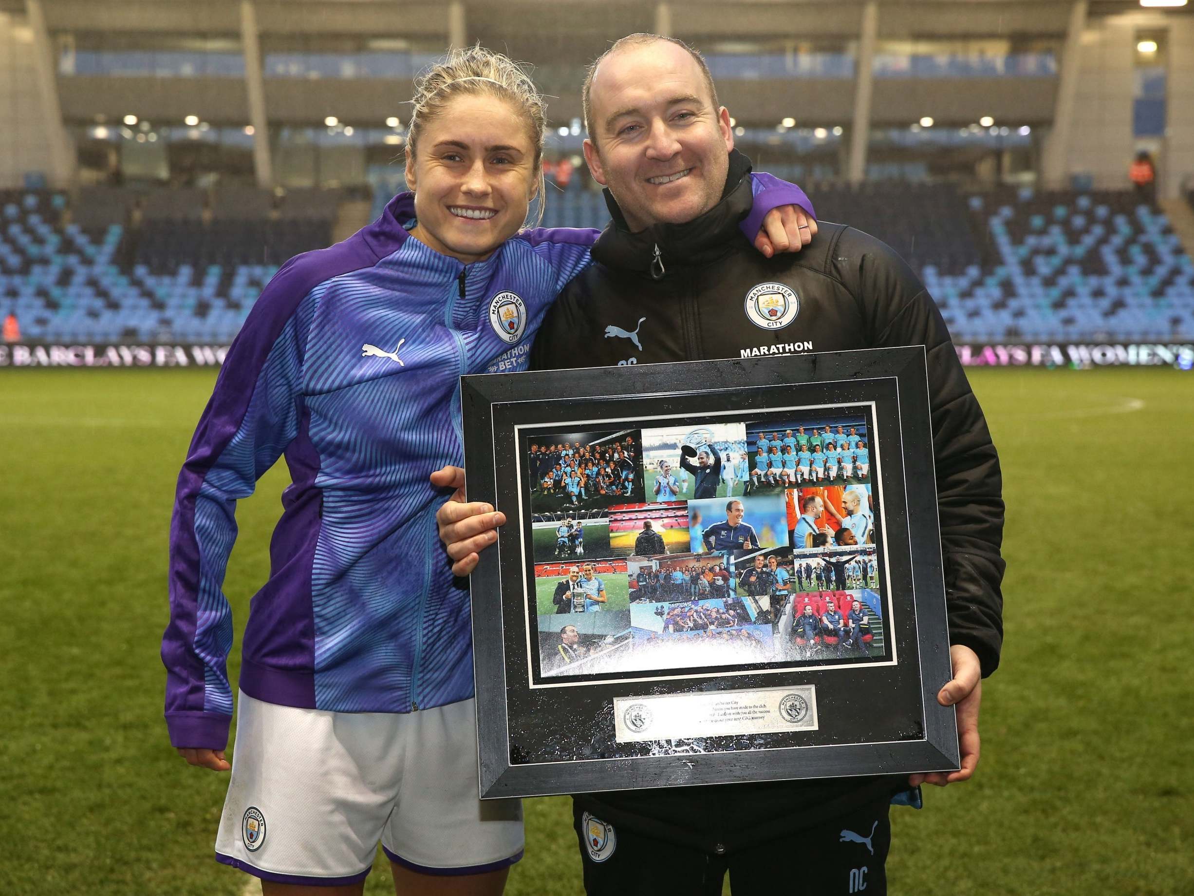 Nick Cushing with Steph Houghton after his last game as manager of Manchester City