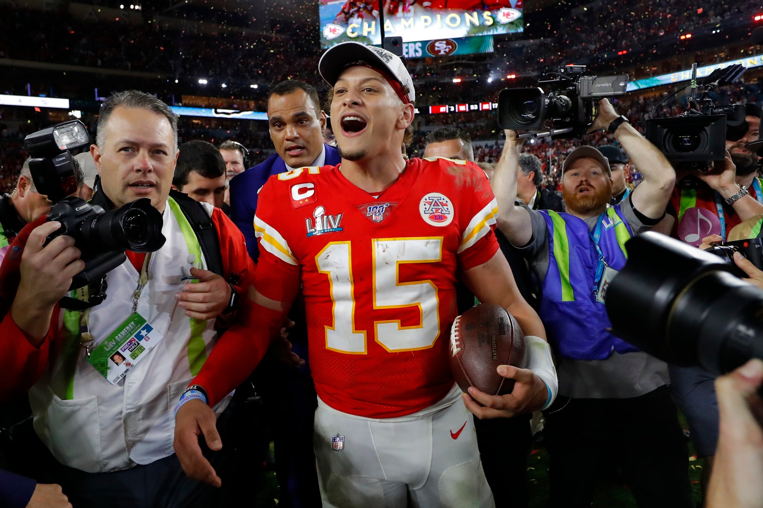 Mahomes celebrates after winning the Super Bowl (Getty)