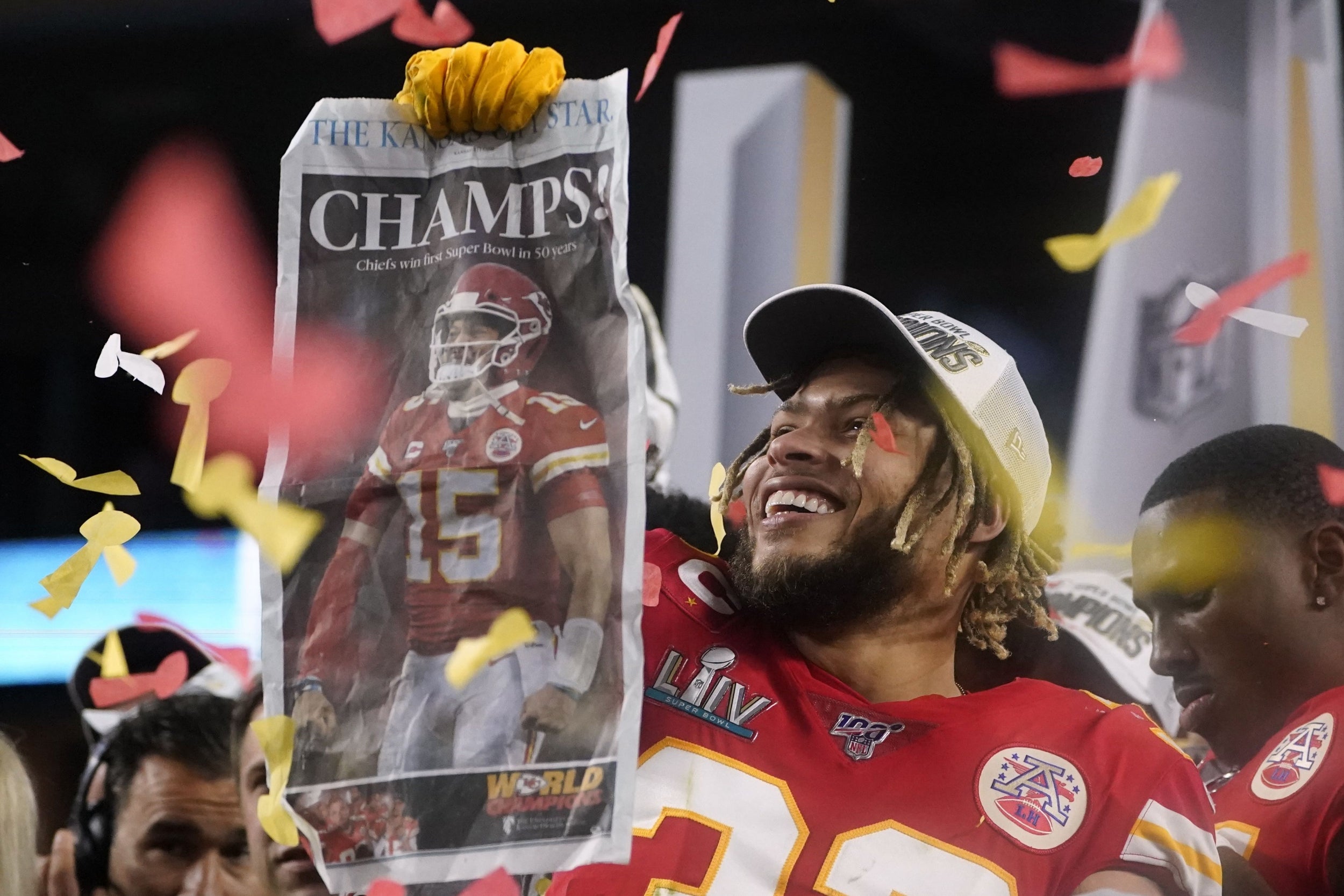 Kansas City Chiefs lift the Lombardi Trophy after Super Bowl win