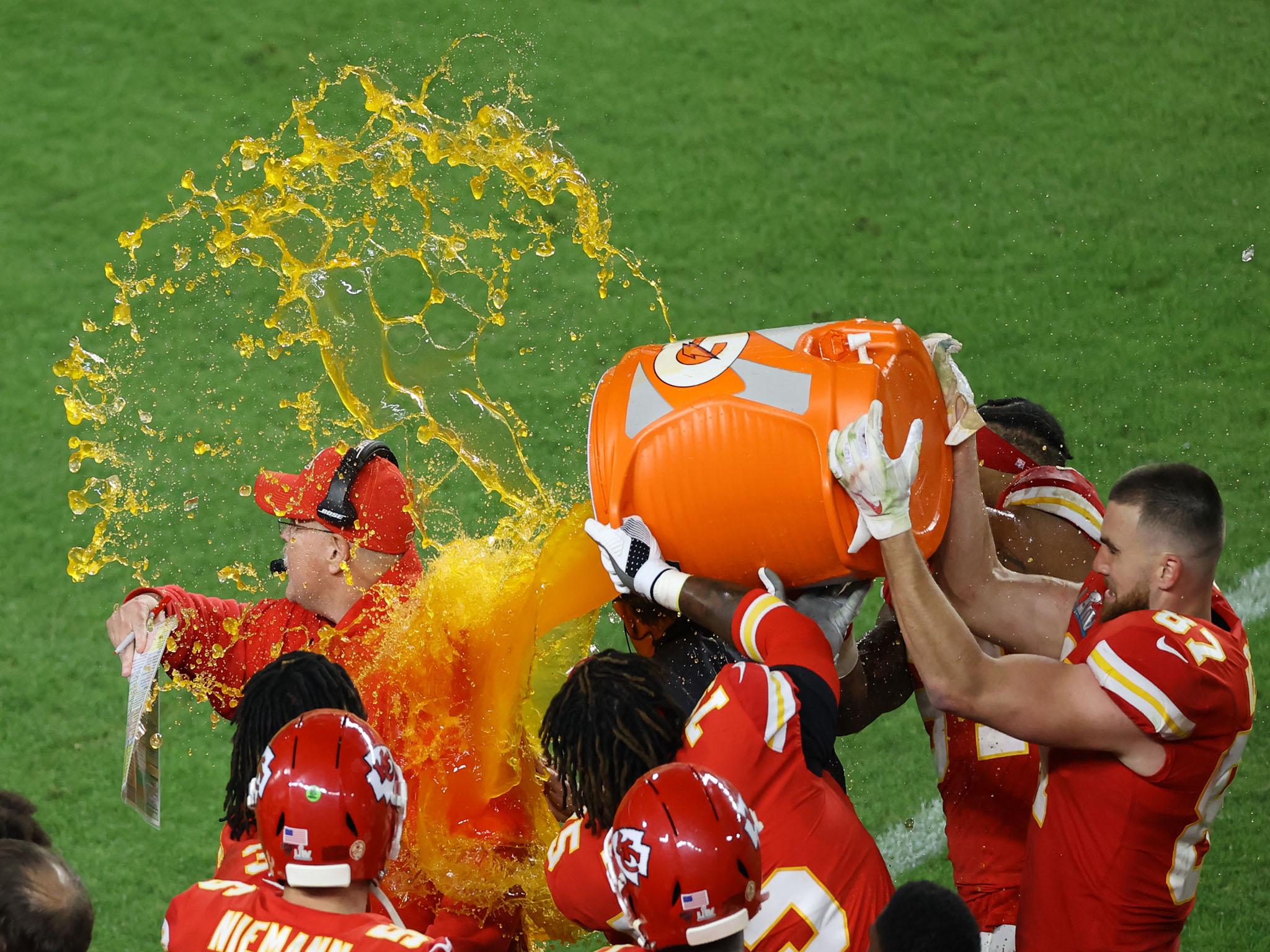 Head coach Andy Reid of the Kansas City Chiefs gets an ice bath