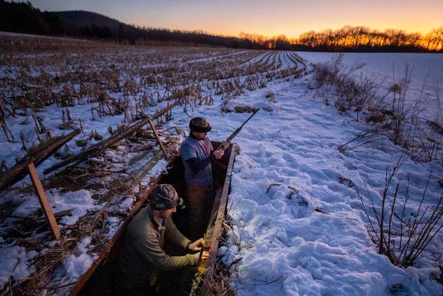 Hunters set up their sunken blind in the Middle Creek Wildlife Management Area in Stevens, Pennsylvania