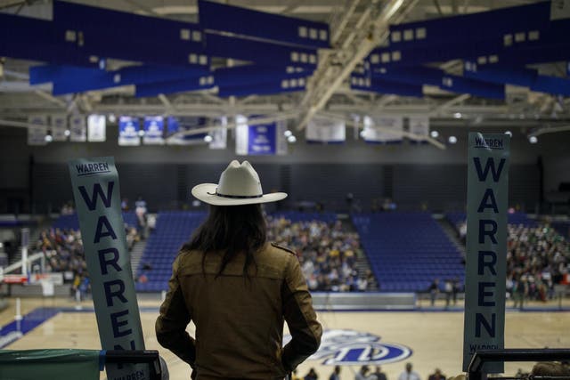 An attendee looks out at caucus attendees during a caucus event in the 68th precinct on 3 February 2020 at Drake University in Des Moines, Iowa
