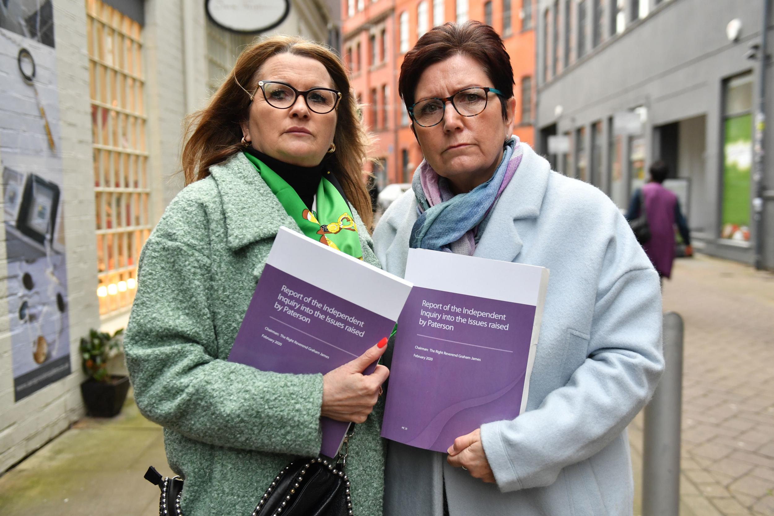 Patients of Paterson Tracey Smith (left) and Debbie Douglas after the report and findings of the Ian Paterson inquiry were revealed