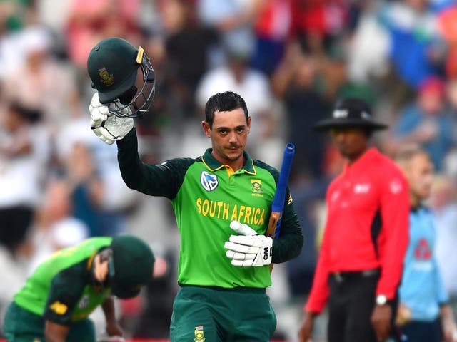 South Africa captain Quinton de Kock celebrates his century