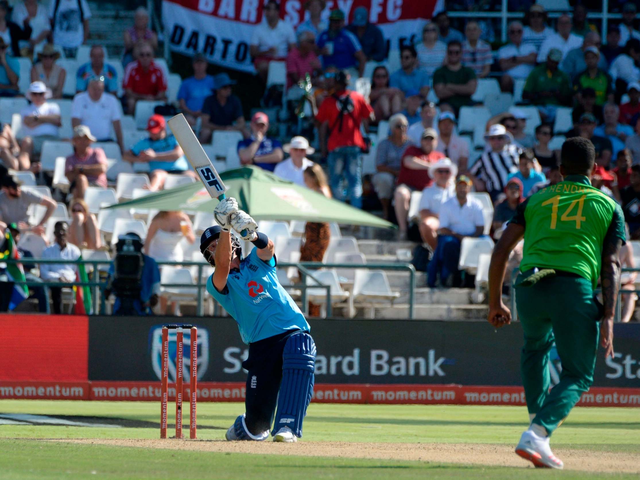 Joe Denly plays a shot off the bowling of Beuran Hendricks