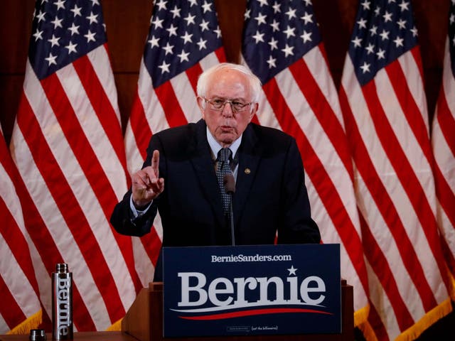 Bernie Sanders delivers his response to Donald Trump's State of the Union address during a campaign event in Manchester, New Hampshire