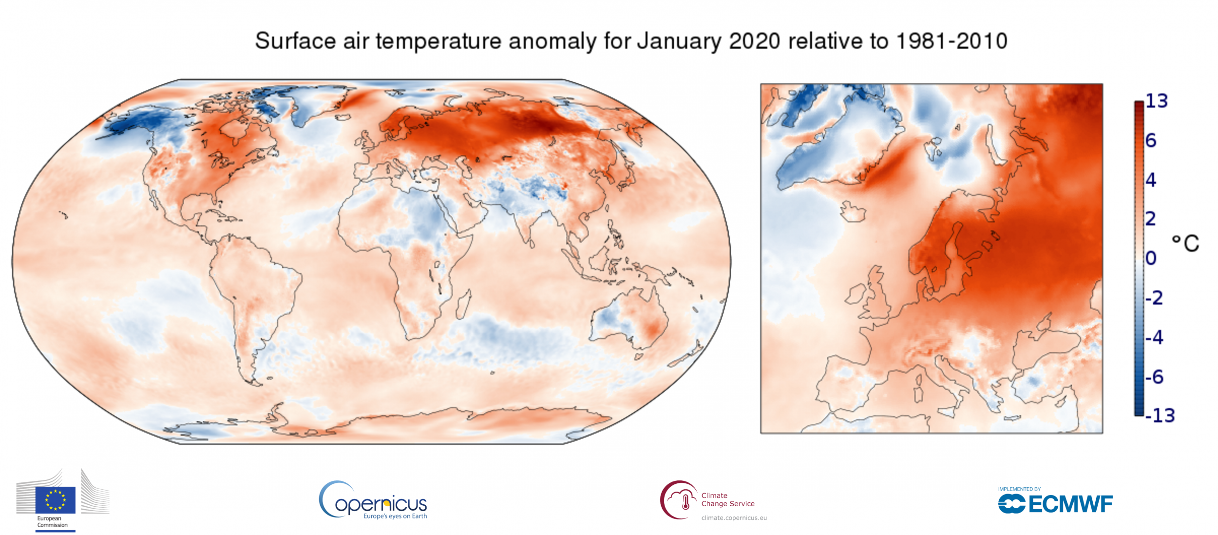 Some areas in north east Europe experienced temperatures more than 6C above the 1981-2010 January average