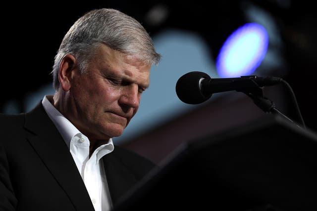 TURLOCK, CA - MAY 29: Rev. Franklin Graham speaks during Franklin Graham's "Decision America" California tour at the Stanislaus County Fairgrounds on May 29, 2018 in Turlock, California.