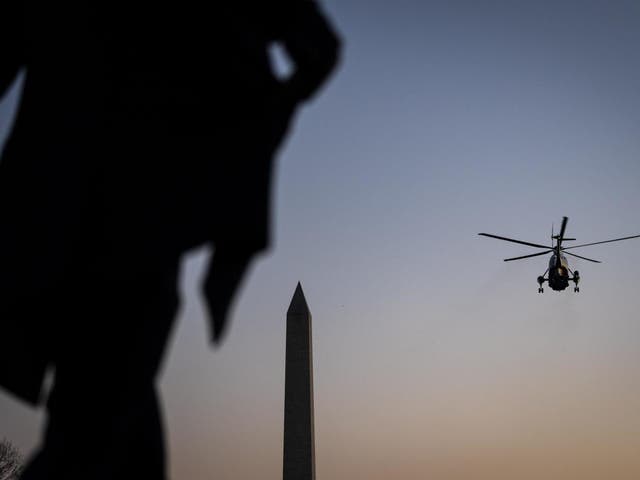 Marine One, the presidential helicopter, lifts lifts off from the South Lawn as President Donald Trump departs from the White House on Dec 18 2019