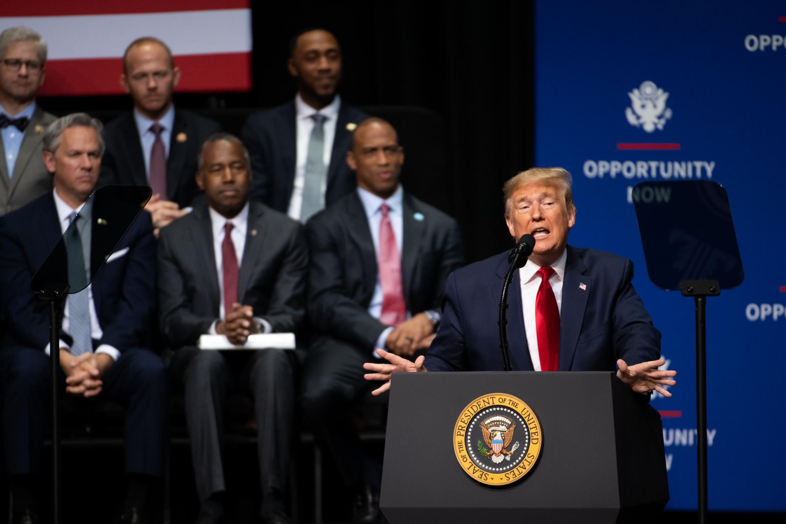 Donald Trump addresses the crowd during the Opportunity Now summit in Charlotte, North Carolina.