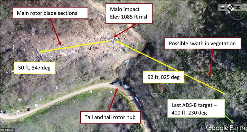 Image from an NTSB report outlining the resting place of the wreckage from the helicopter crash that killed Kobe Bryant