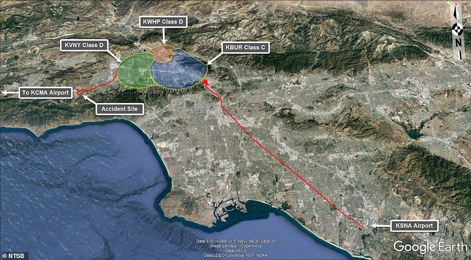 The flight path of the helicopter carrying Kobe Bryant on 26 January