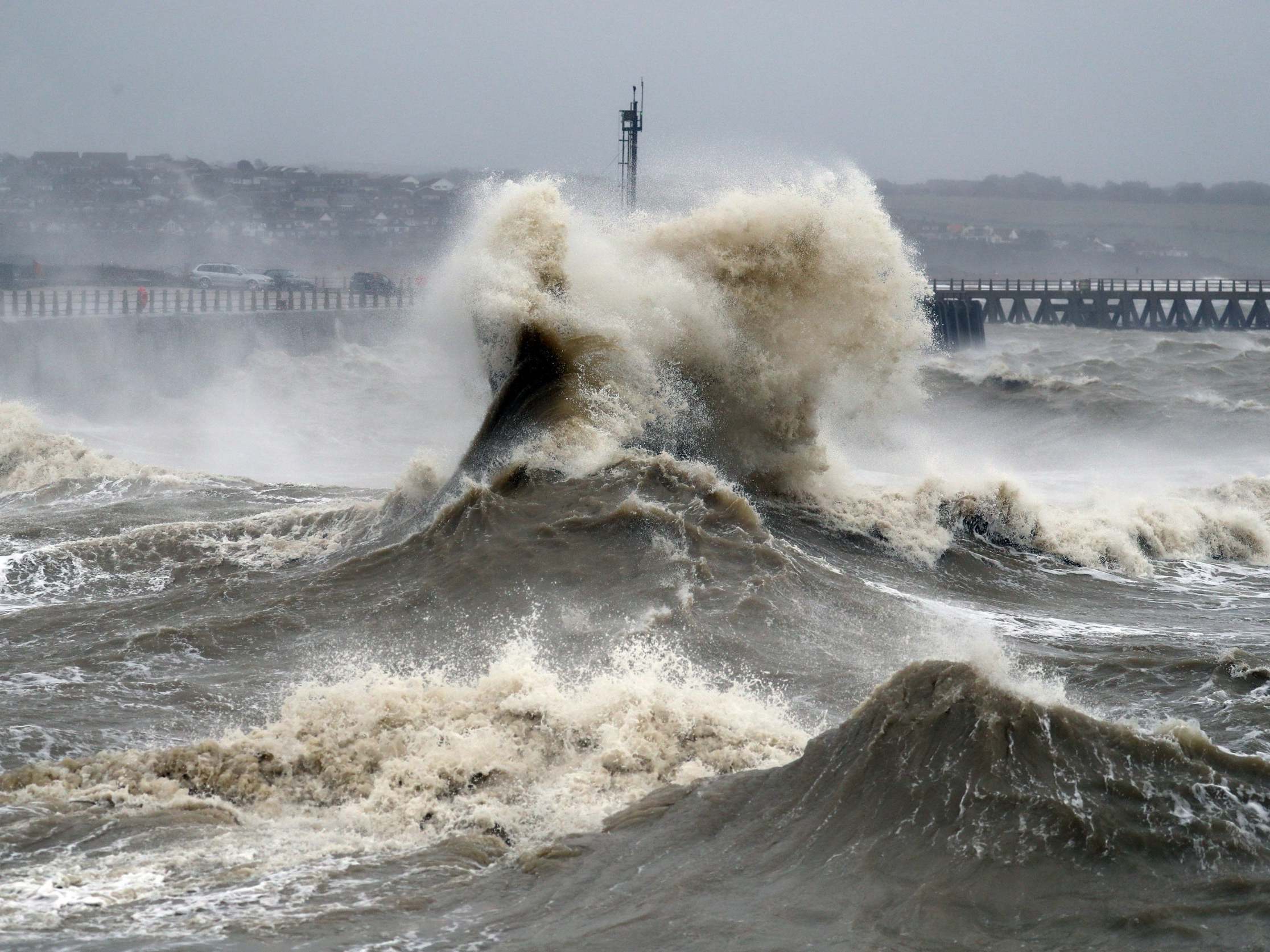 Waves crash into the wall at Newhaven in East Sussex, as Storm Ciara hits the UK