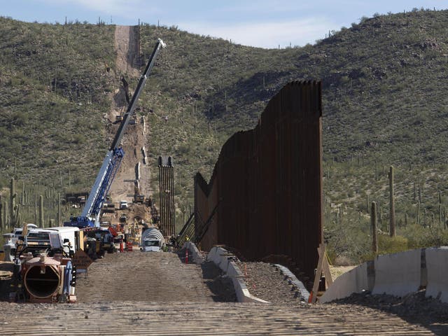 Workers build the US-Mexico border wall at Organ Pipe Cactus National Monument in Arizona