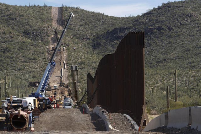Workers build the US-Mexico border wall at Organ Pipe Cactus National Monument in Arizona