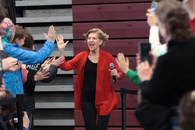 Elizabeth Warren arrives for a town hall event at Lebanon High School in New Hampshire
