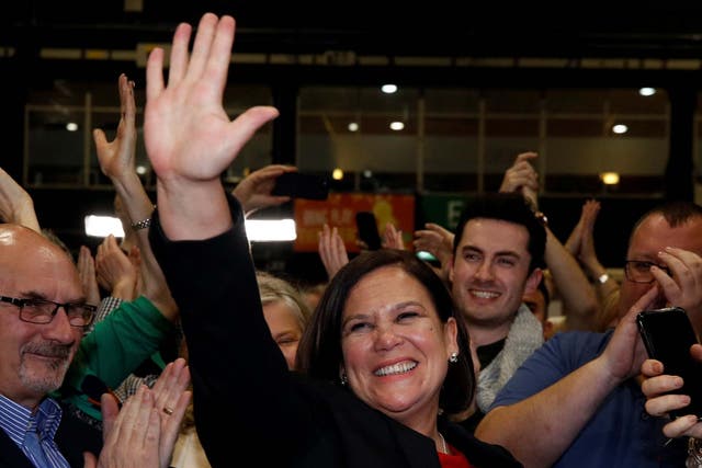 Sinn Féin leader Mary Lou McDonald reacts after the announcement of voting results in a count centre during Ireland's national election in Dublin on 9 February 2020