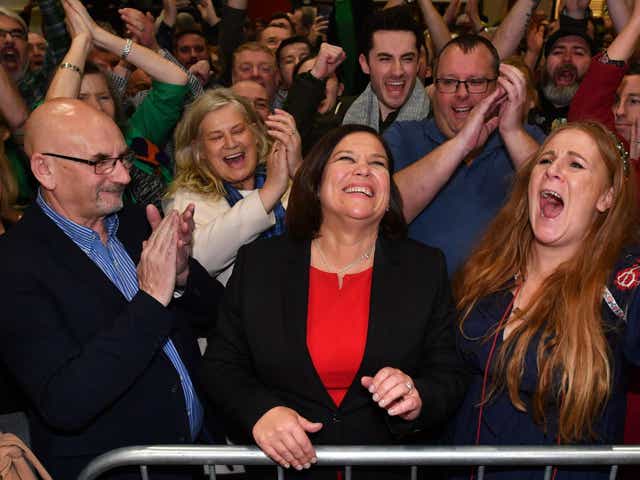 Mary Lou McDonald, Sinn Fein party leader, celebrates with supporters the day after the vote