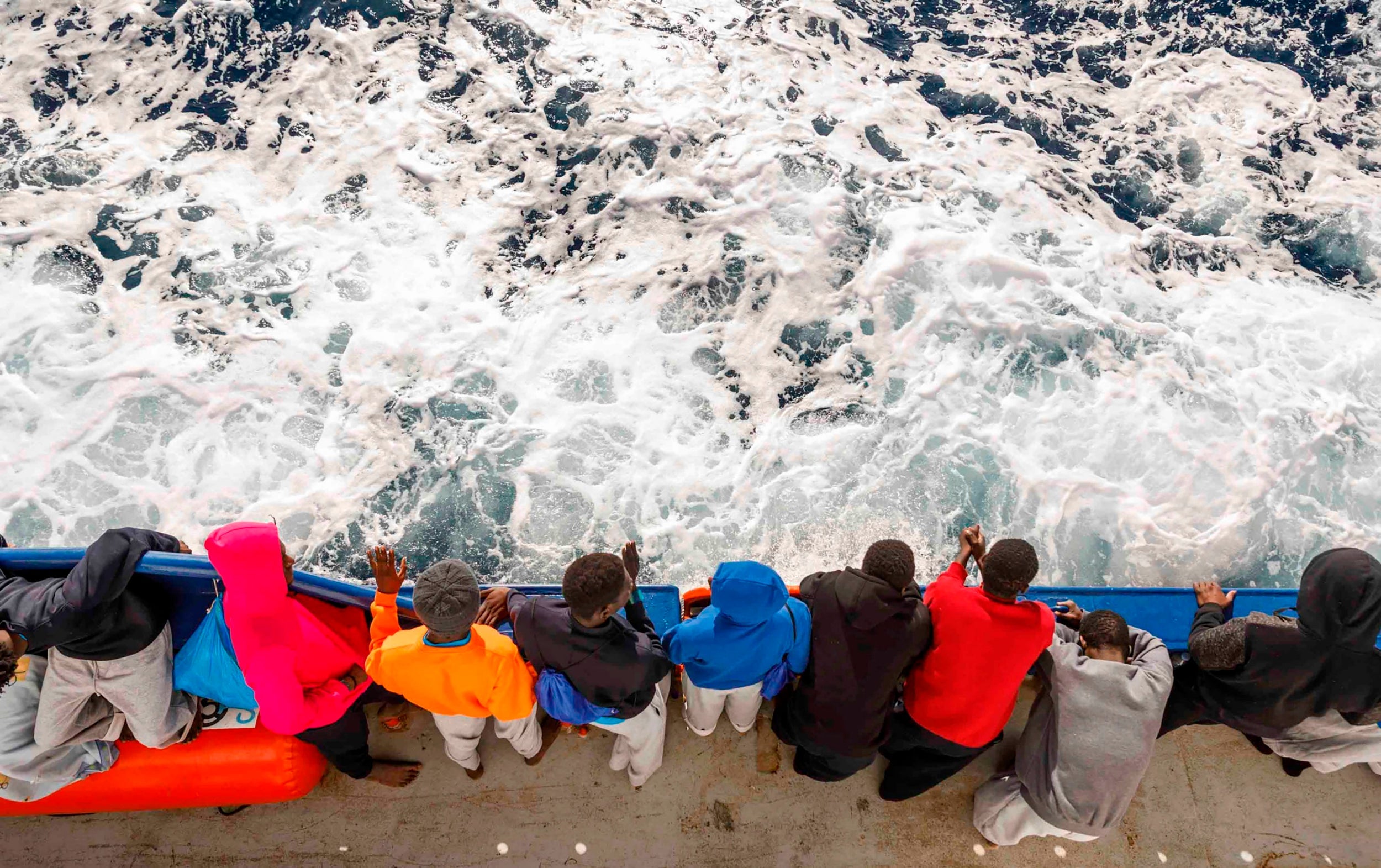A group of migrants travel on board the Spanish NGO Maydayterraneo's Aita Mari rescue boat on February 10, 2020 in a separate incident off the Libyan coast. Libya is often used as a jumping off point for entry into Europe via Italy and Malta.