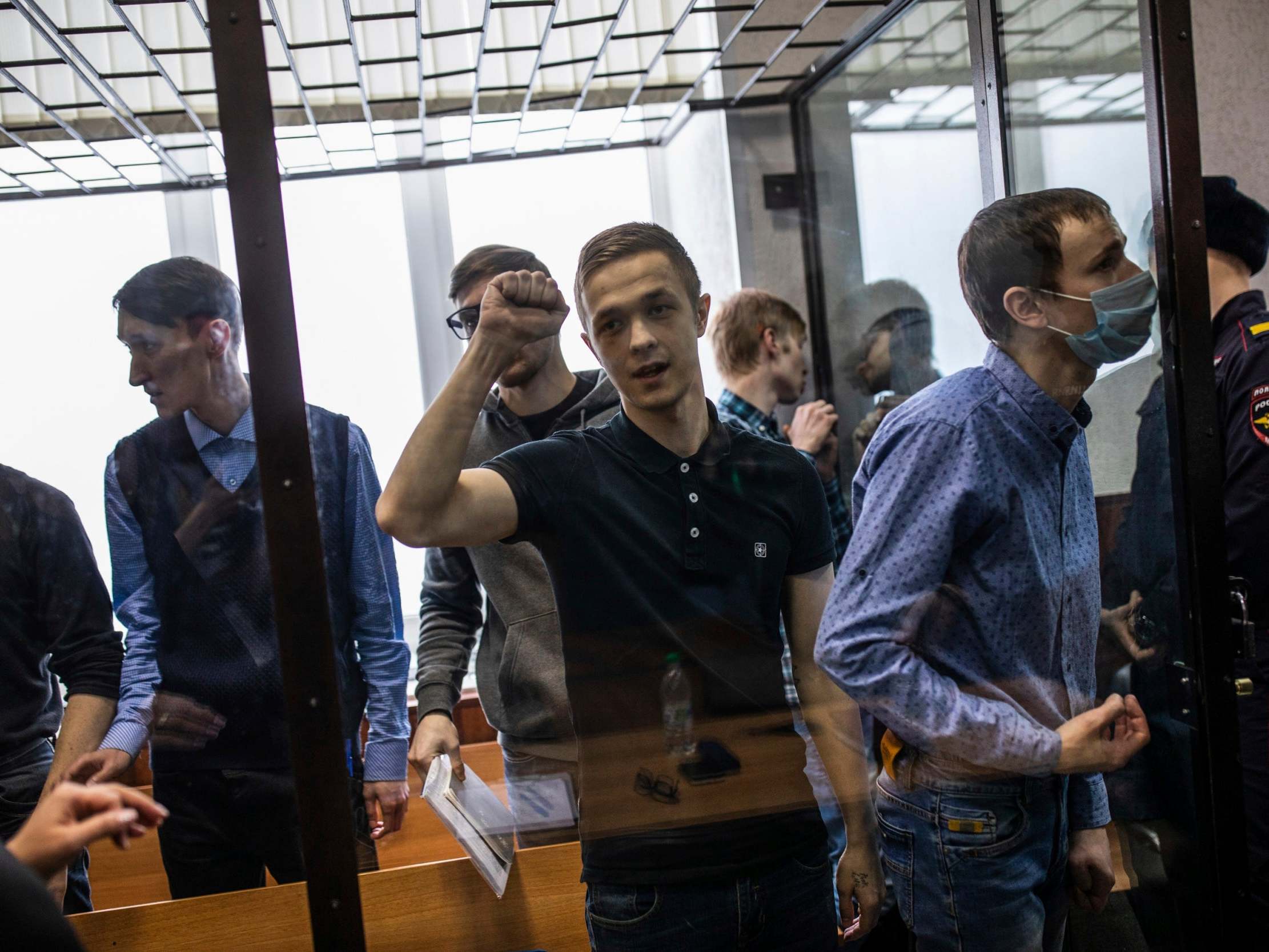 Jailed activists attend a court hearing in Penza, Russia