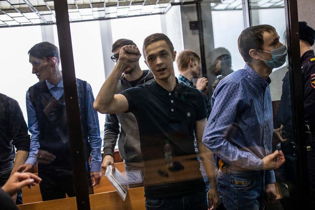 Jailed activists attend a court hearing in Penza, Russia