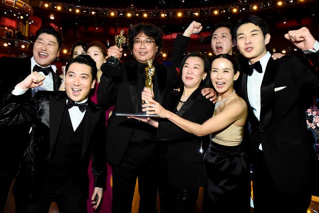 Winners of the Best Picture Award for 'Parasite' onstage at the Oscars this year
