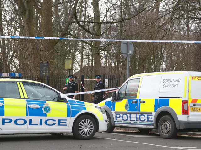 Emergency services near Black Wood in Woolton, Liverpool, attending to a dog walker who has been seriously injured by a falling tree, 11 February, 2020.