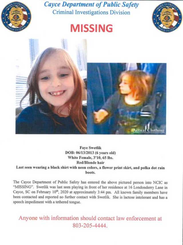 The missing child poster for Faye Swetlik
