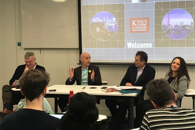 Andrew Adonis talks to students at King’s College London, with Jon Davis, John Rentoul and Michelle Clement