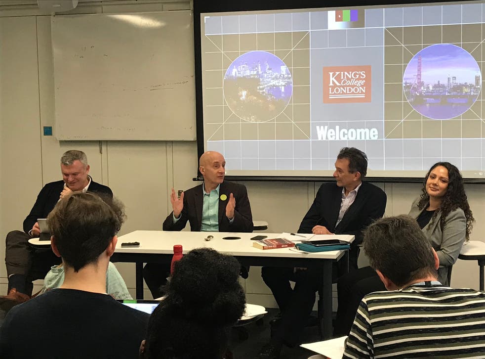 Andrew Adonis talks to students at King’s College London, with Jon Davis, John Rentoul and Michelle Clement