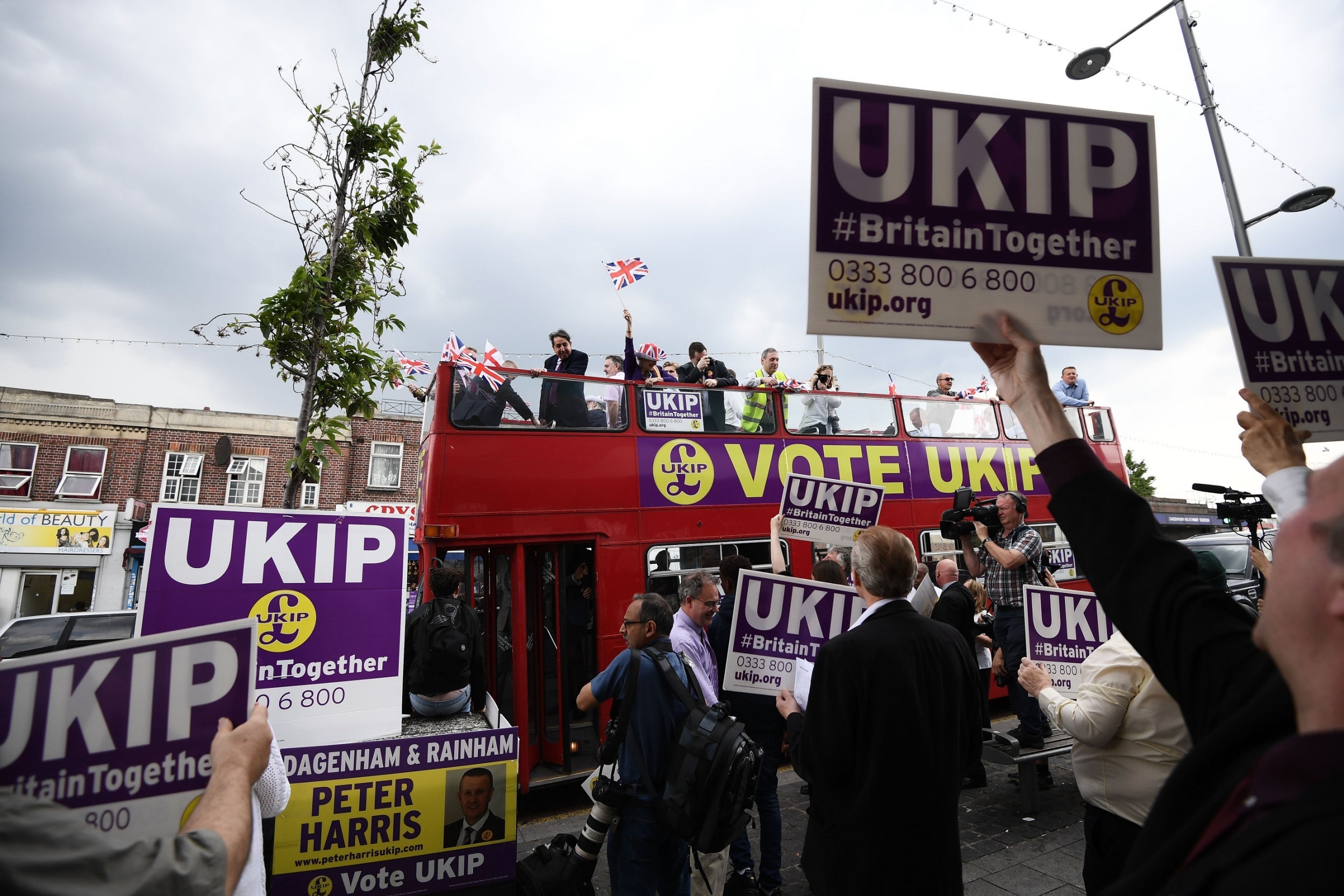 Nigel Farage campaigning aboard a Ukip bus in Dagenham in 2017