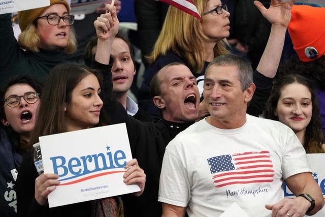 Sanders supporters react during a Primary Night event at the SNHU Field House in Manchester New Hampshire on 11 February 2020