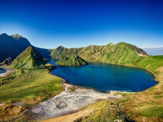 Stock image of Yankicha Island, part of the larger volcanic Ushishir Island in the Kuril Islands archipelago, located between Japan and Russia.