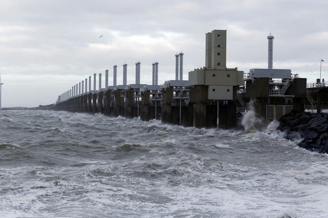 The Oosterscheldekering is the largest of thirteen existing dams and storm surge barriers, designed to protect the Netherlands from flooding from the North Sea