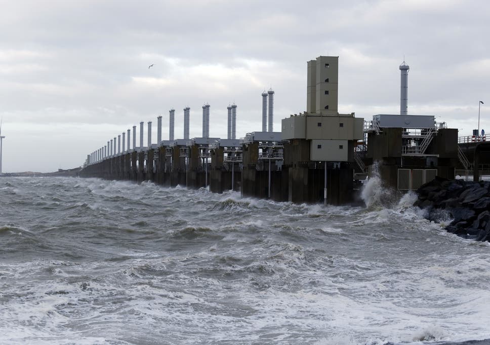 The Oosterscheldekering is the largest of thirteen existing dams and storm surge barriers, designed to protect the Netherlands from flooding from the North Sea