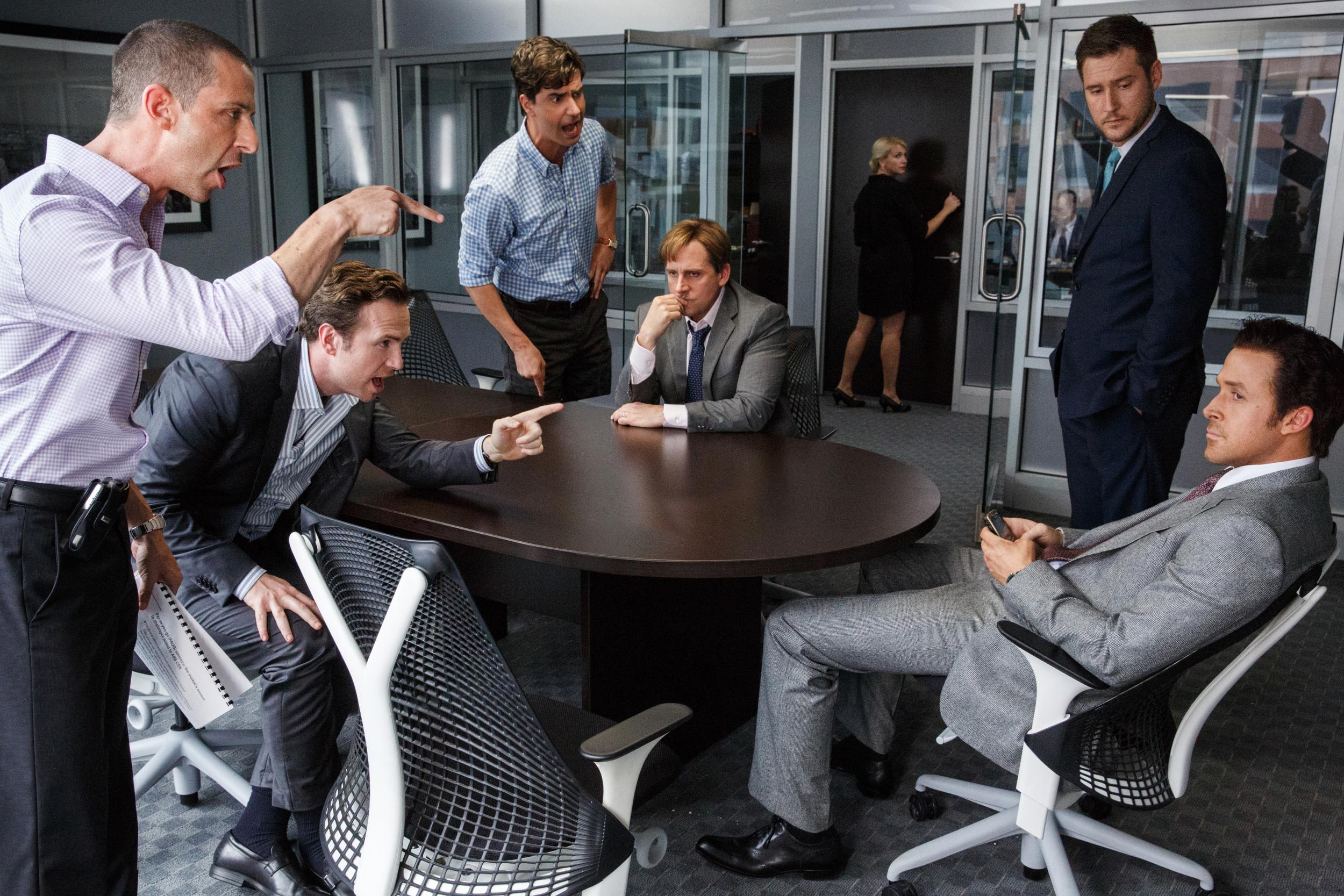 Jeremy Strong, Rafe Spall, Hamish Linklater, Steve Carell, Jeffry Griffin and Ryan Gosling in ‘The Big Short’