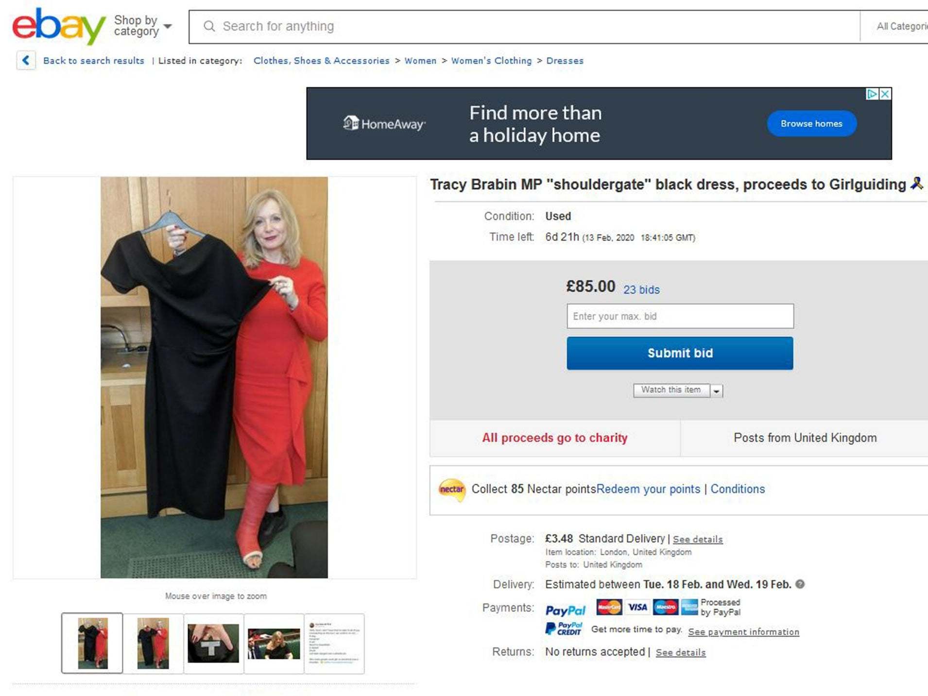 The auction of the ‘shouldergate’ dress on eBay raised £20,000 for Girlguiding