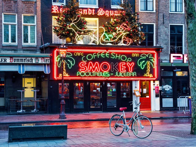 Cannabis coffee shop in Rembrandt Square, Amsterdam.