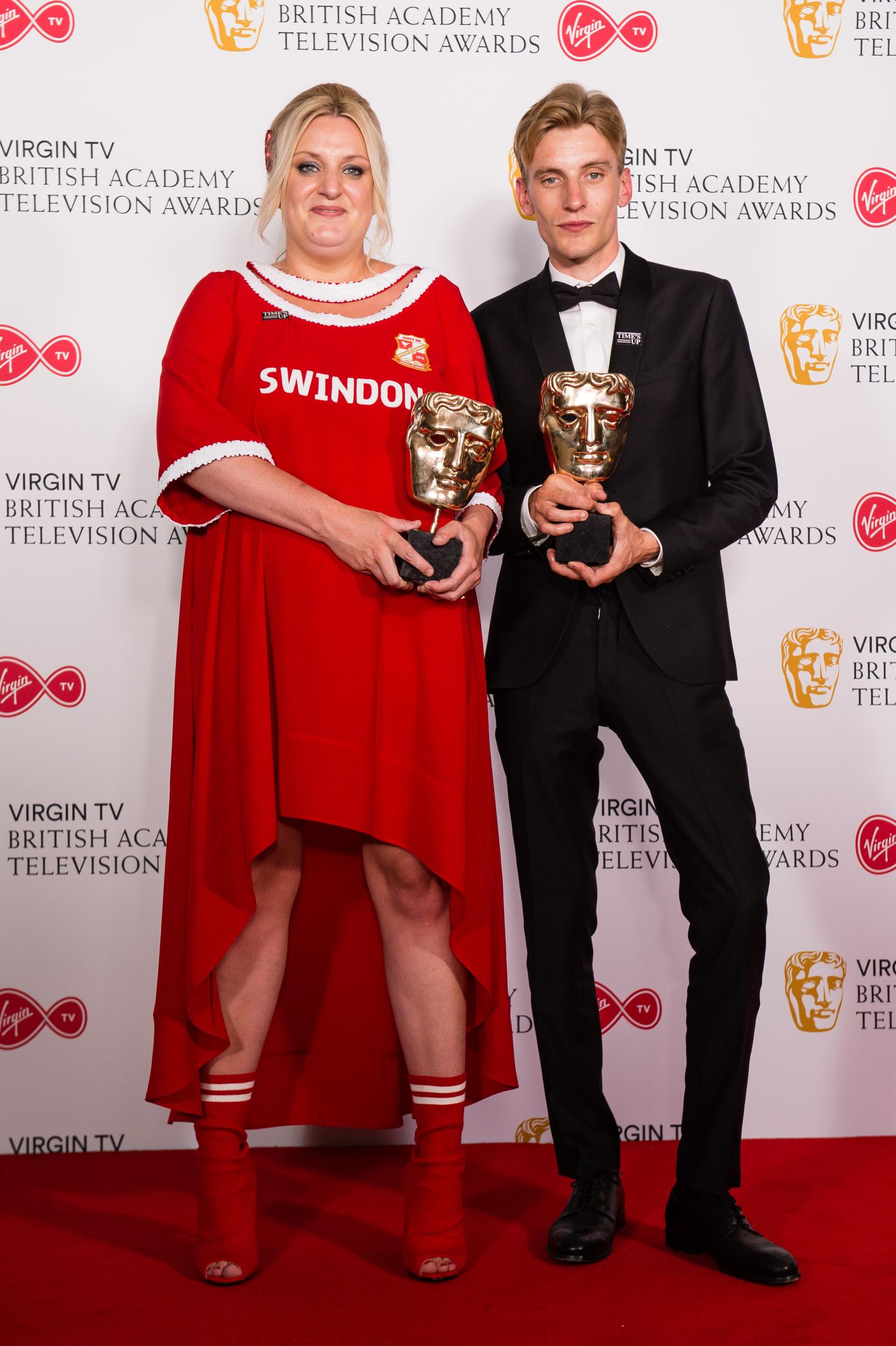 Daisy May and Charlie Cooper with their Bafta for Scripted Comedy in 2018