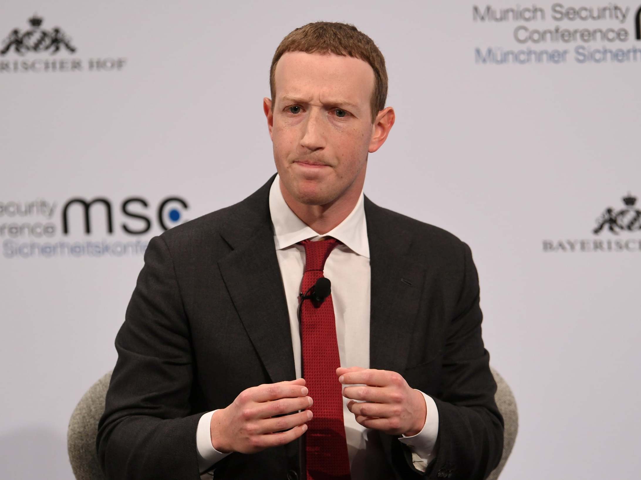 Facebook CEO Mark Zuckerberg speaks at the annual Munich Security Conference on 15 February 2020