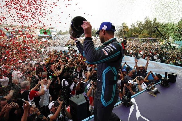 Mitch Evans celebrates winning the Mexico City E-Prix