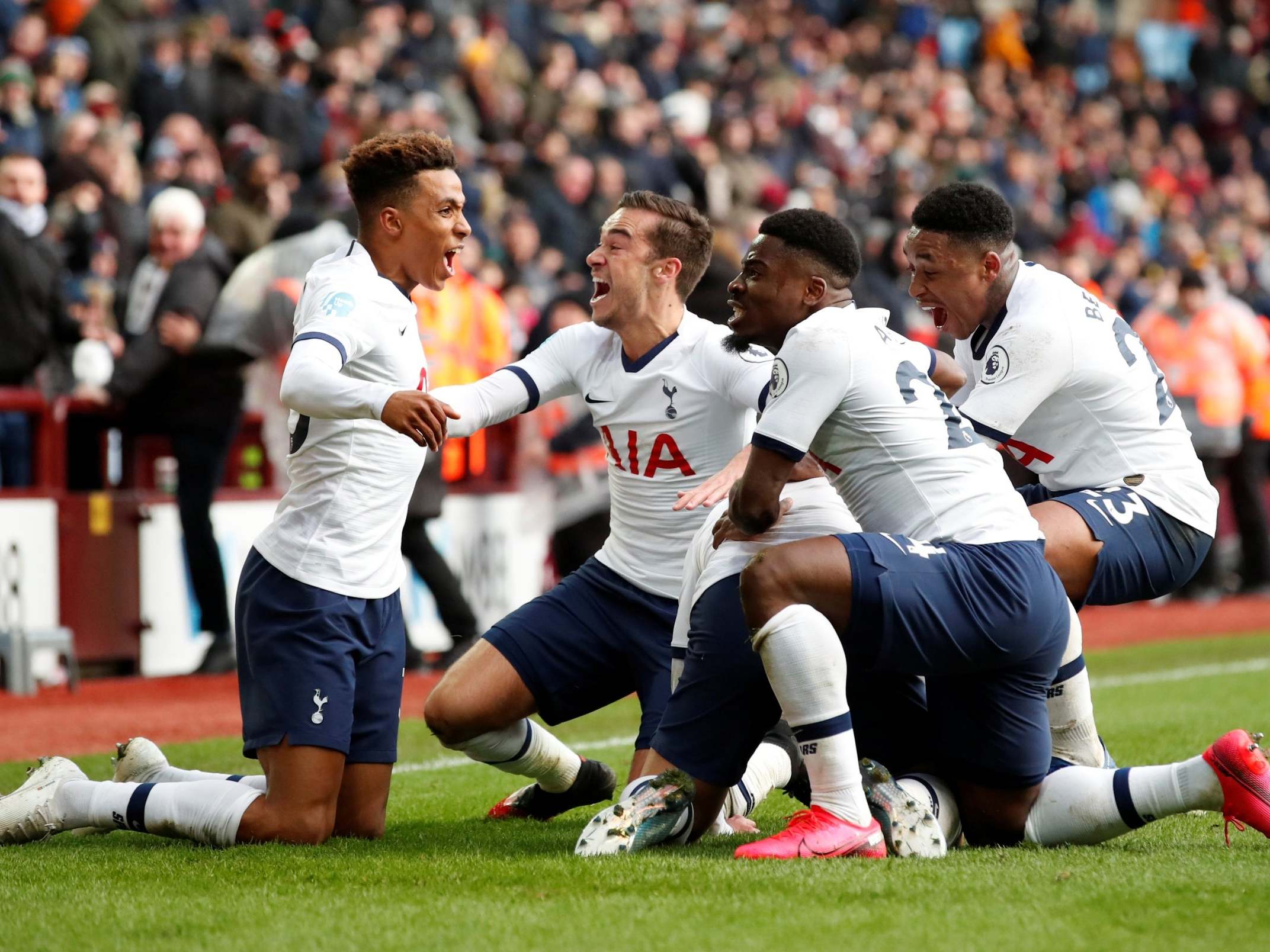 Spurs celebrate their winner at Villa Park
