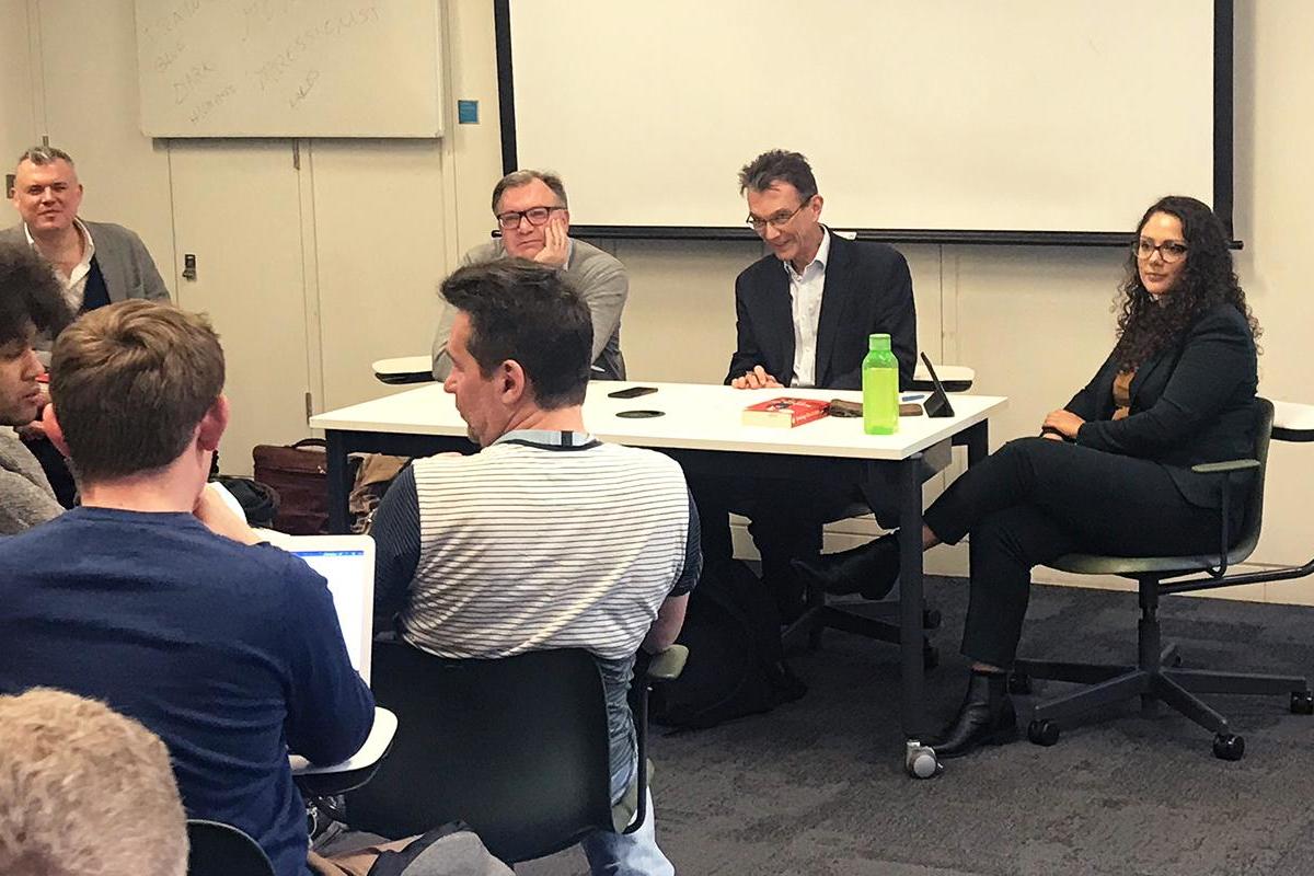 Ed’s up: Balls (second left) takes a student’s question alongside course tutors (from left) Jon Davis, John Rentoul and Michelle Clement