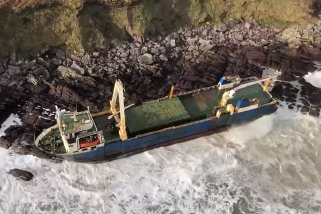 The abandoned MV Alta cargo ship washed up on rocks near Ballycotton, County Cork, Ireland, 16 February, 2020, after drifting across the Atlantic over the course of more than a year.