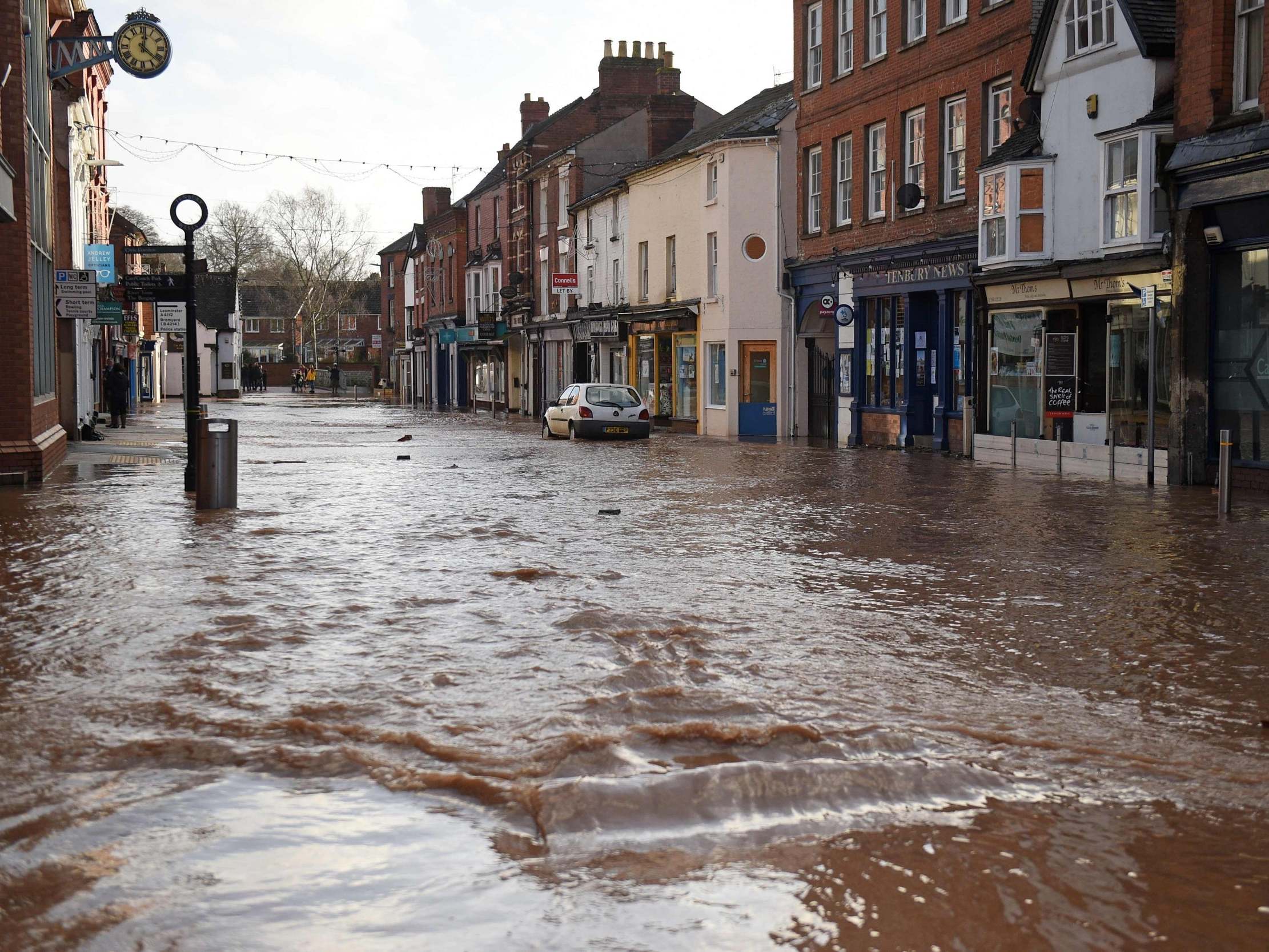 Teme Street in Tenbury Wells, a market town in Worcestershire, is seen under floodwater from the overflowing River Teme amid Storm Dennis