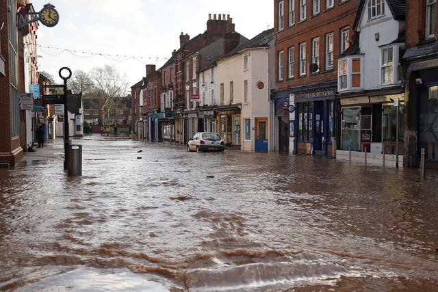 Teme Street in Tenbury Wells, a market town in Worcestershire, is seen under floodwater from the overflowing River Teme amid Storm Dennis