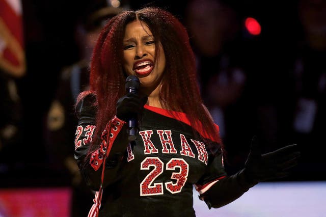 Chaka Khan sings the US national anthem before an NBA all-star game on 16 February 2020 in Chicago, Illinois.