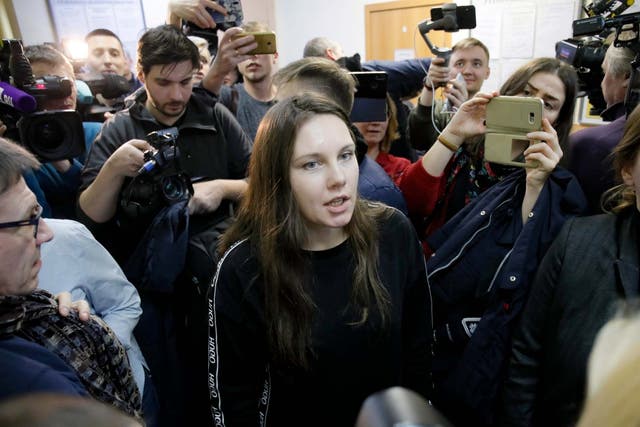 Alla Ilyina speaks to the media in a courtroom in St.Petersburg, Russia