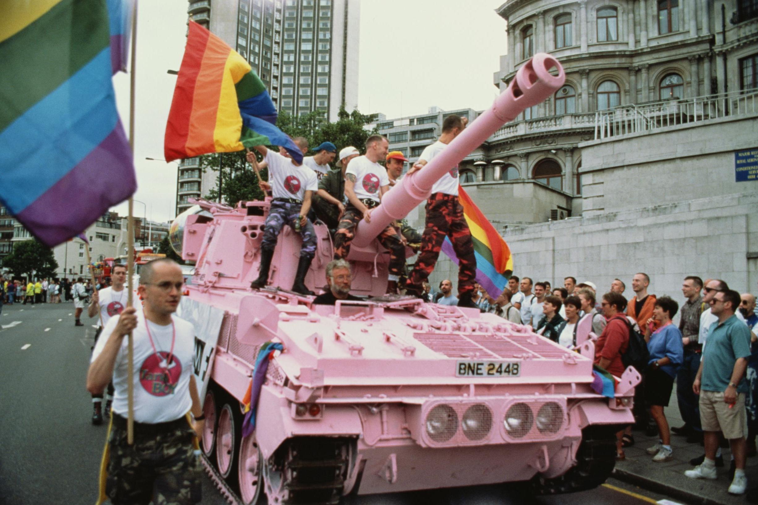 A pink tank parades through London at a Gay Pride event in 1995 (Getty)