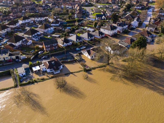 An aerial view showing flooding from the River Wye following Storm Dennis on February 17, 2020 in Hereford, England